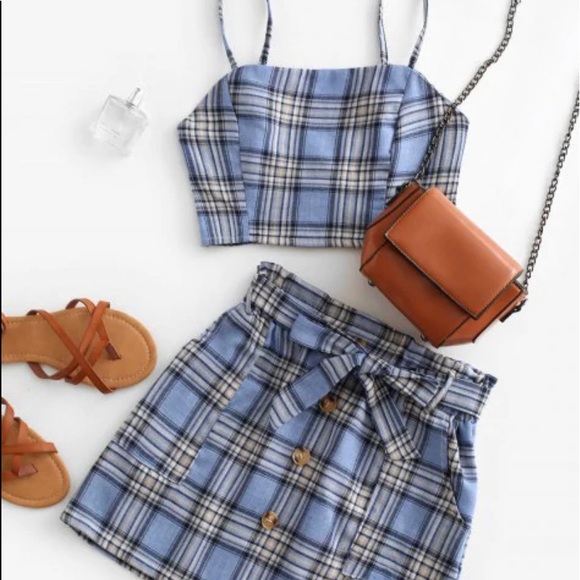 Zaful Plaid Smocked Buttons Belted Two Piece Suit - Picture 1 of 5